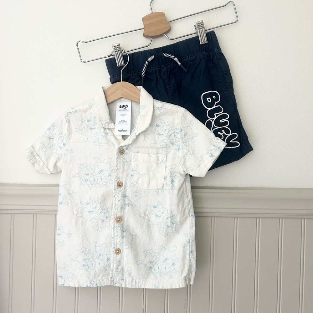 Bluey Boys 4T Linen Blend Button Down Shirt Shorts Matching Set